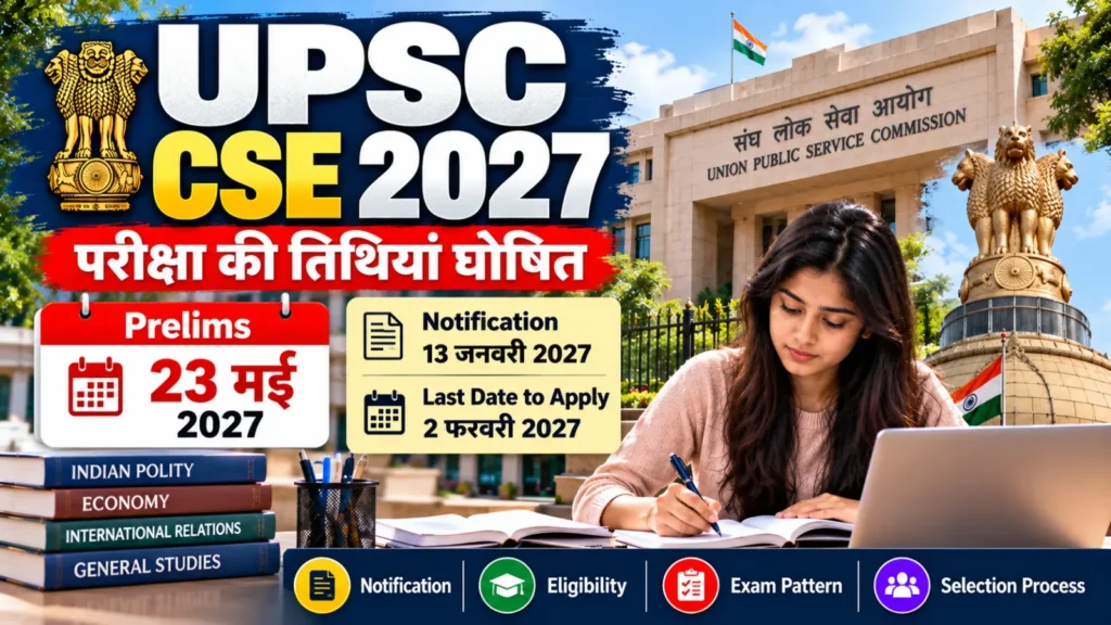 UPSC CSE 2027: प्रीलिम्स 23 मई को, नोटिफिकेशन की तारीख घोषित; योग्यता और परीक्षा पैटर्न जानें